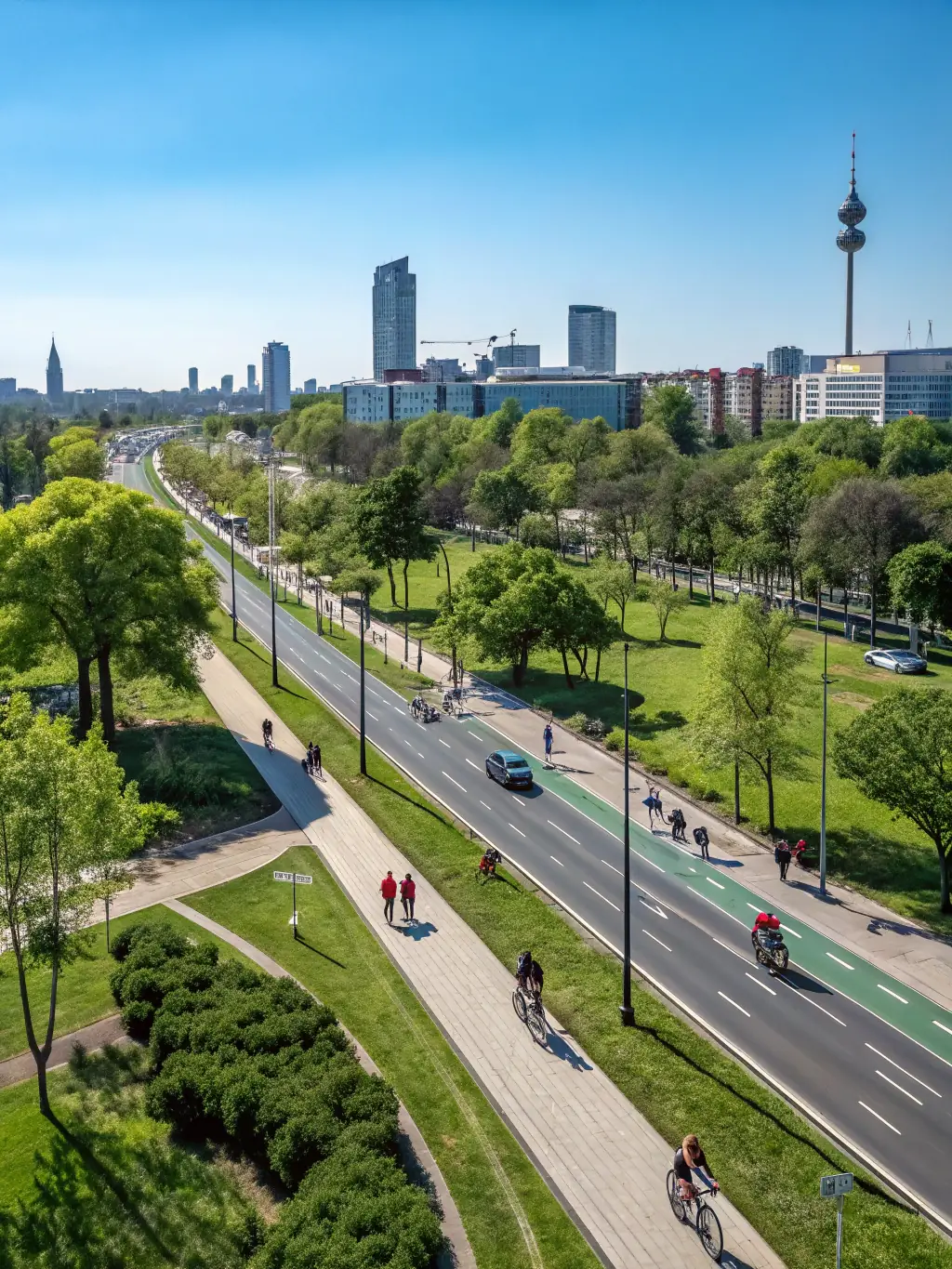 A photograph of Jánáčkovo Stromořadí, highlighting the revitalized street with new green infrastructure and community spaces, emphasizing its sustainable transformation.