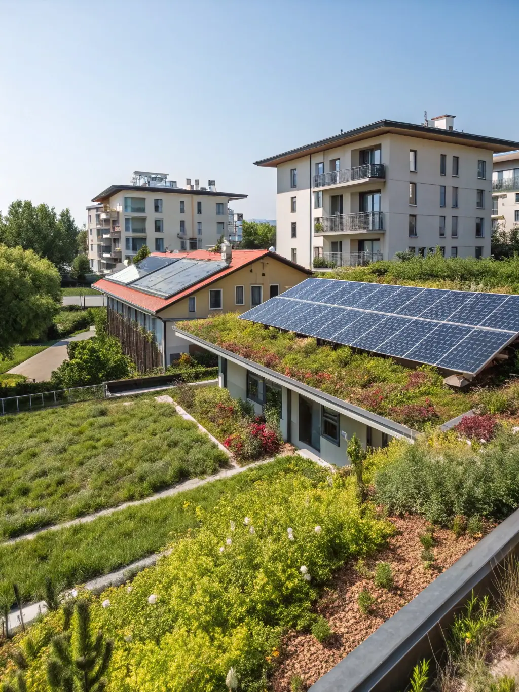 A photograph of the Podolánky development, showcasing its mixed-use design with residential, commercial, and green spaces, emphasizing its high energy standards.