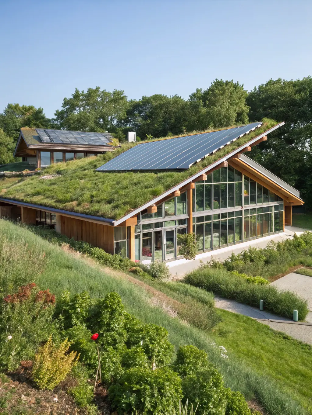 A photograph of a modern, energy-efficient building with solar panels and green features, representing sustainable real estate development.